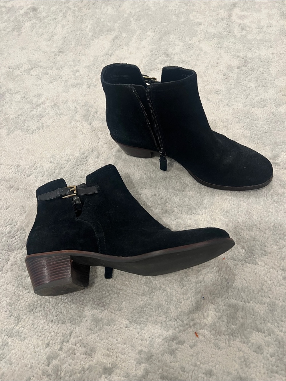 Cole Haan Black Suede Ankle Booties with Side Zip and Buckle